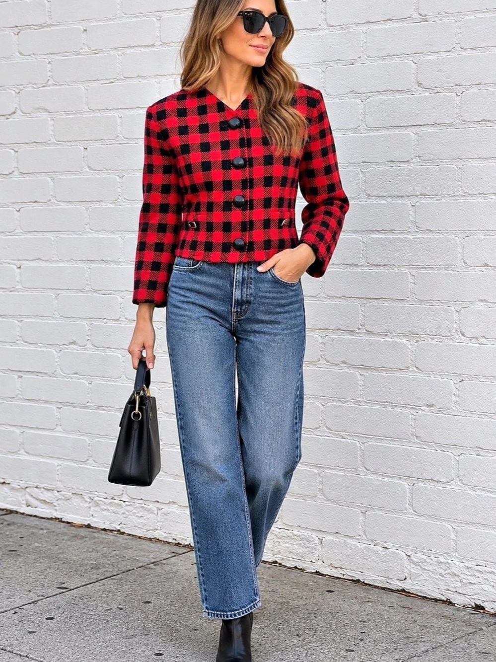 Anne Klein II Red & Black Plaid Cropped Jacket